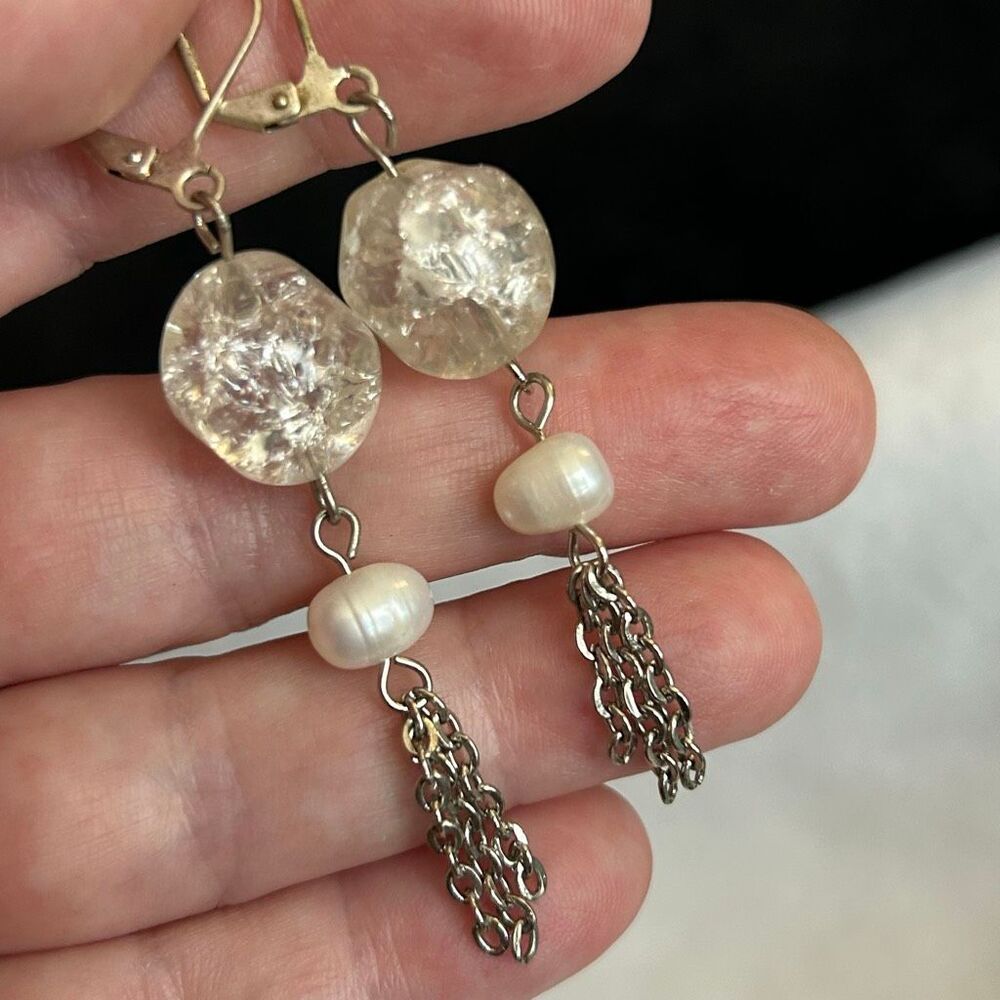 Handcrafted Vintage Crackled Bead Fresh Water Pearl Dangle Earrings